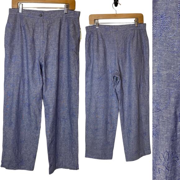 Coldwater Creek Pants - Coldwater Creek Linen Blend High Rise Trousers Pants Embroidered Blue sz Medium